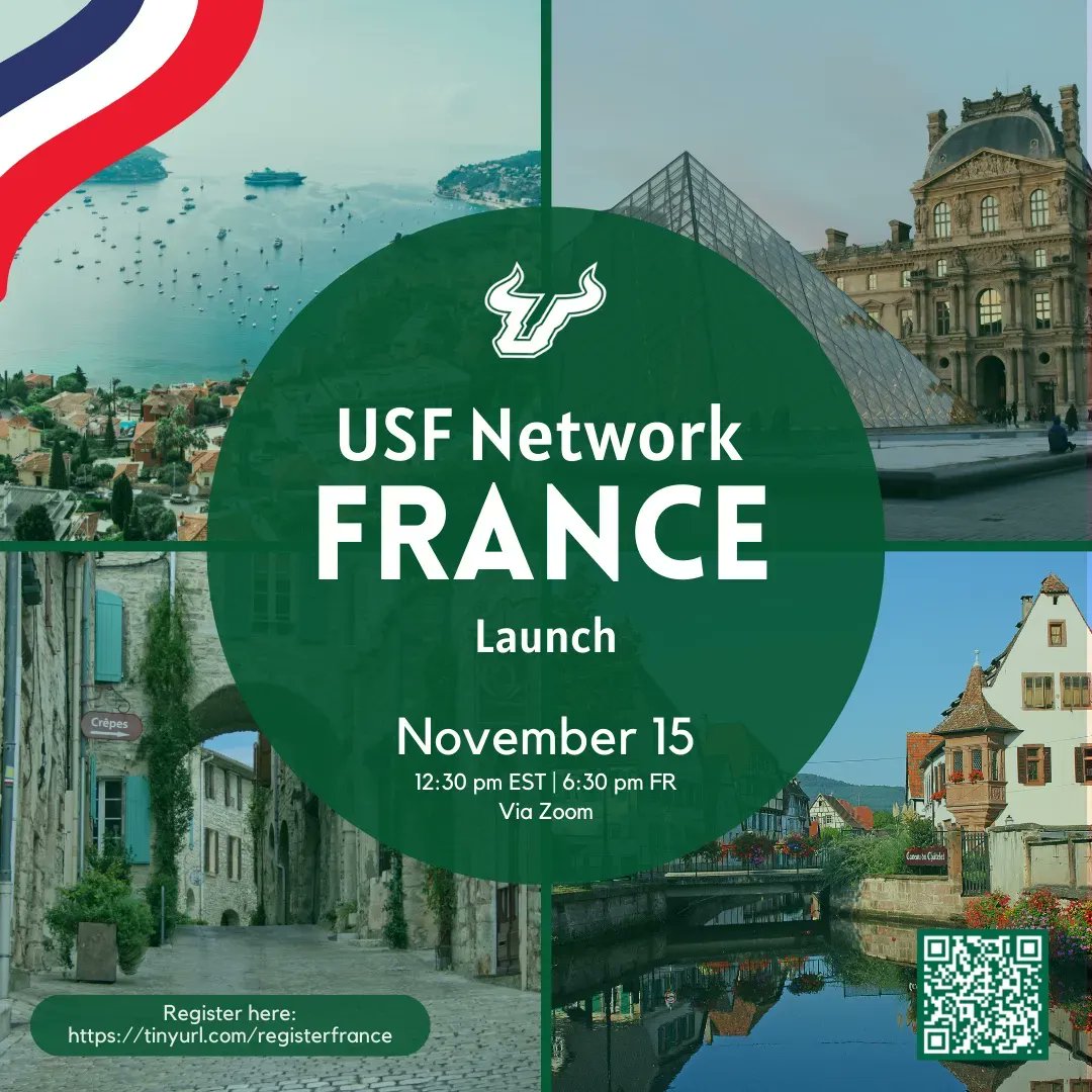 USFalumniAssn's tweet image. Parlez-vous Taureaux? No matter where you are, meet #USFalumni in France at #USFNetworkFrance, a Zoom gathering, 12:30 p.m. ET (5:30 p.m. France), Nov. 15, hosted by #USFWorld. RSVP: tinyurl.com/registerfrance 🇫🇷