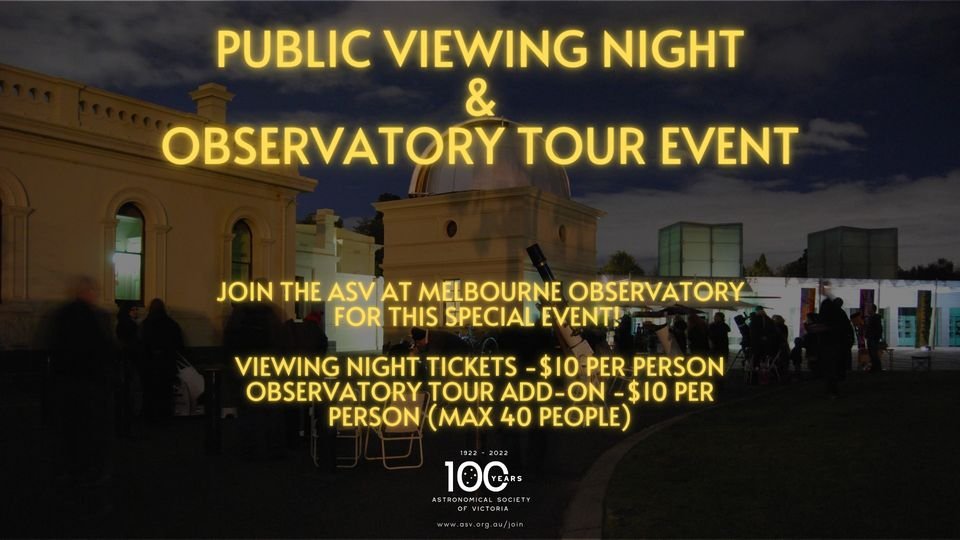 Sat. Nov 5th 8:30pm-11:30pm,  Melbourne Observatory (Lawn) Birdwood Ave., Melb. 
Melbourne Observatory Tour: $10 Additional Cost To Event Entry (Limited to 40 Tickets! - 4 groups of 10)
Tickets: bit.ly/3fFvPyV #astronomy #nightsky #melbourneobservatory #planets #space