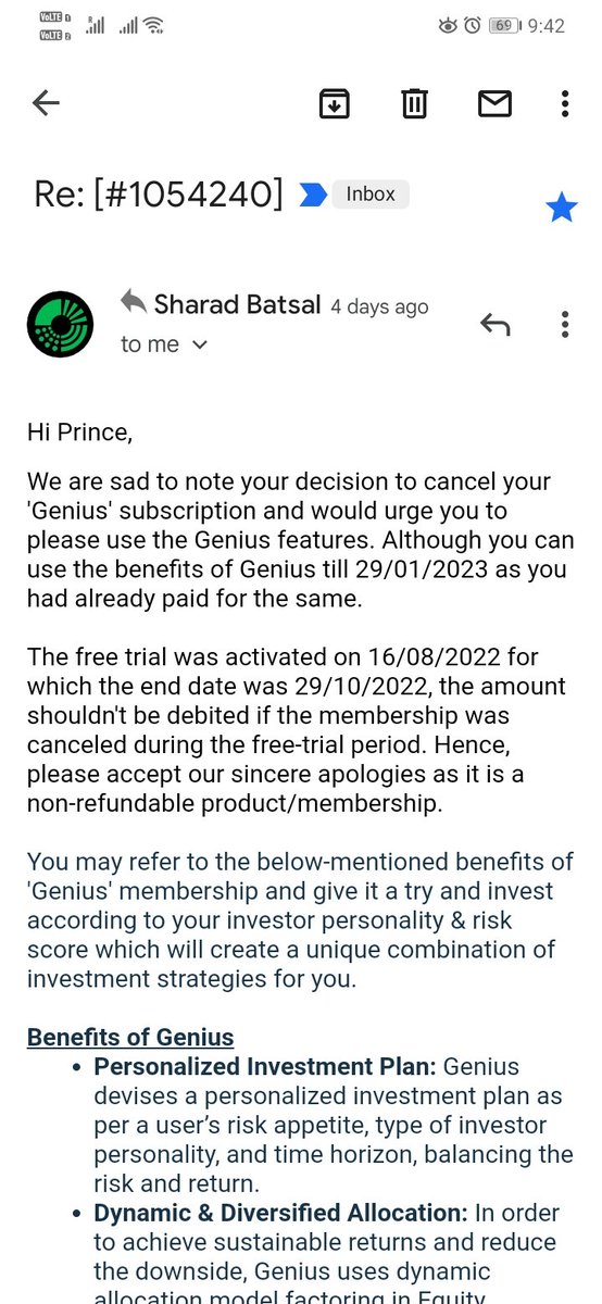 PrinceRambade's tweet photo. @ETMONEY I have been mischievously charged Rs 747 that too for 3 month for Genie Membership on 30th Oct without prior notice/reminder for deduction.

I raised CS ticket but no resolution and looks like SCAM. I want full Refund.

@BandBajaateRaho @consaff @jagograhakjago @nch1915 https://t.co/BAjaoGzIiB