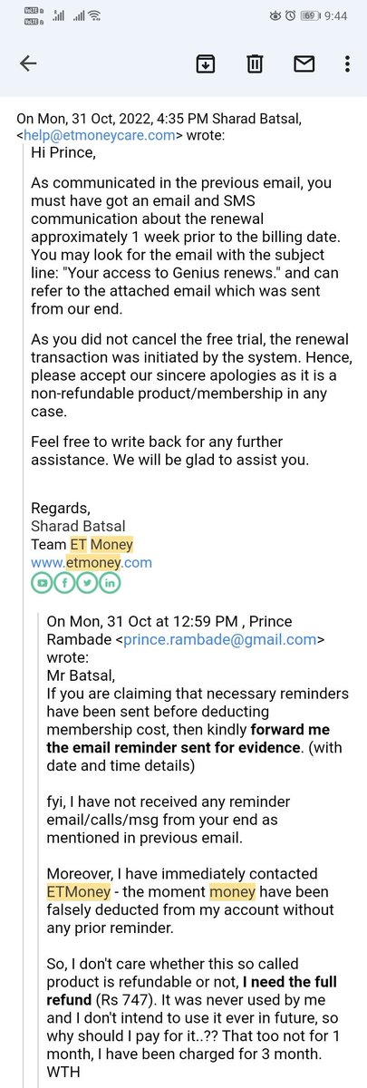 PrinceRambade's tweet photo. @ETMONEY I have been mischievously charged Rs 747 that too for 3 month for Genie Membership on 30th Oct without prior notice/reminder for deduction.

I raised CS ticket but no resolution and looks like SCAM. I want full Refund.

@BandBajaateRaho @consaff @jagograhakjago @nch1915 https://t.co/BAjaoGzIiB