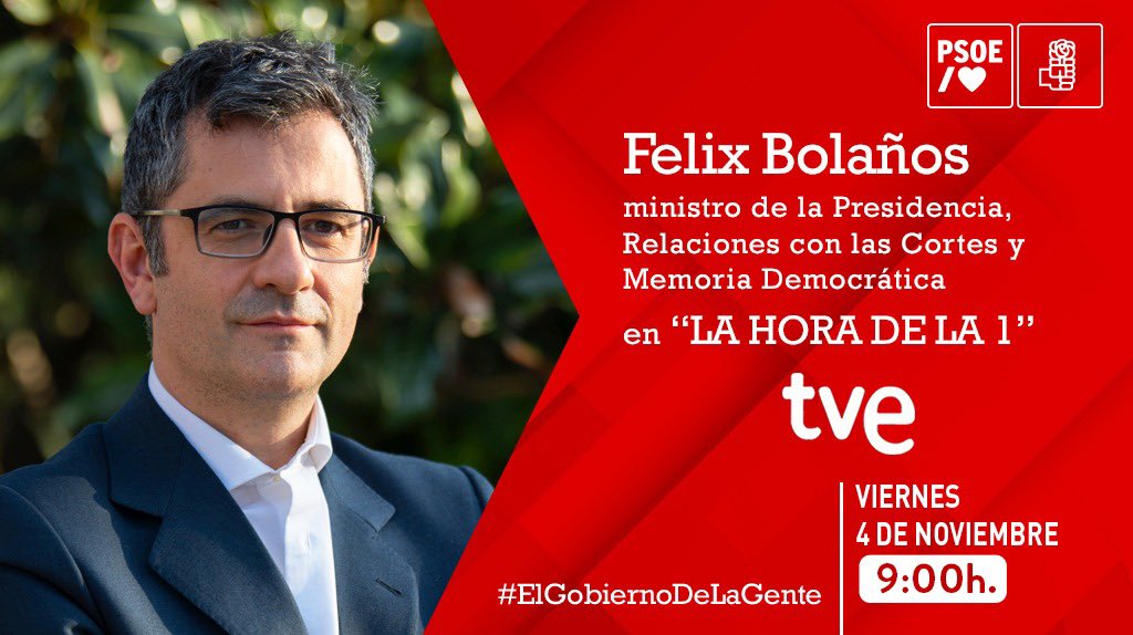 ¡Buenos días! ☕ No te pierdas en unos minutos la entrevista a Félix Bolaños, ministro de @M_Presidencia. ⌚ A partir de las 9:00 h. en @LaHoraTVE. ▶️ Síguela en directo aquí: rtve.es/play/videos/di… #ElGobiernoDeLaGente 🌹