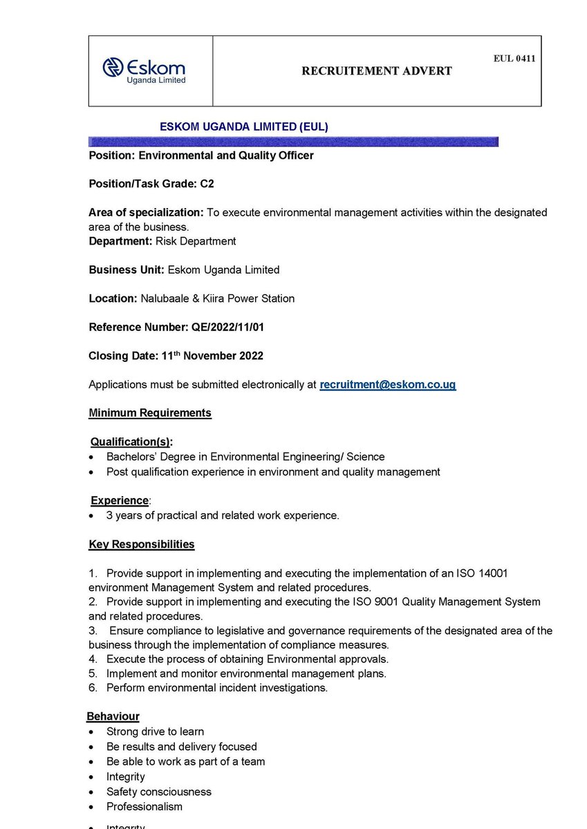 Job Alert: Check out this opportunity at Eskom Uganda Limited. eskom.co.ug/opportunity/en…