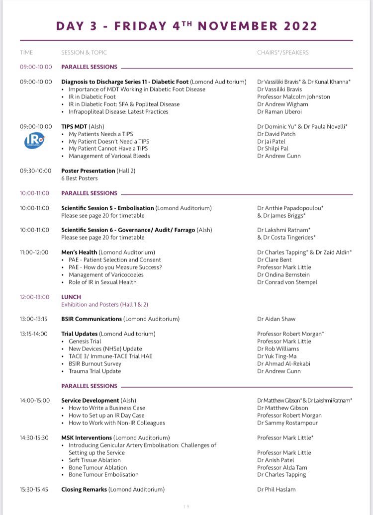 Day 3 of #BSIR2022 
We still have a great day of sessions today including 
DM foot dx D2D
Men health 
MSK interventions 
trial updates ! 

AND it’s the <a href="/TraineesBSIR/">BSIR Trainees (British Society of IR Trainees)</a> symposium day! 

Don’t miss what will be a session packed (and hopefully educational!) day 
#irad #radiology