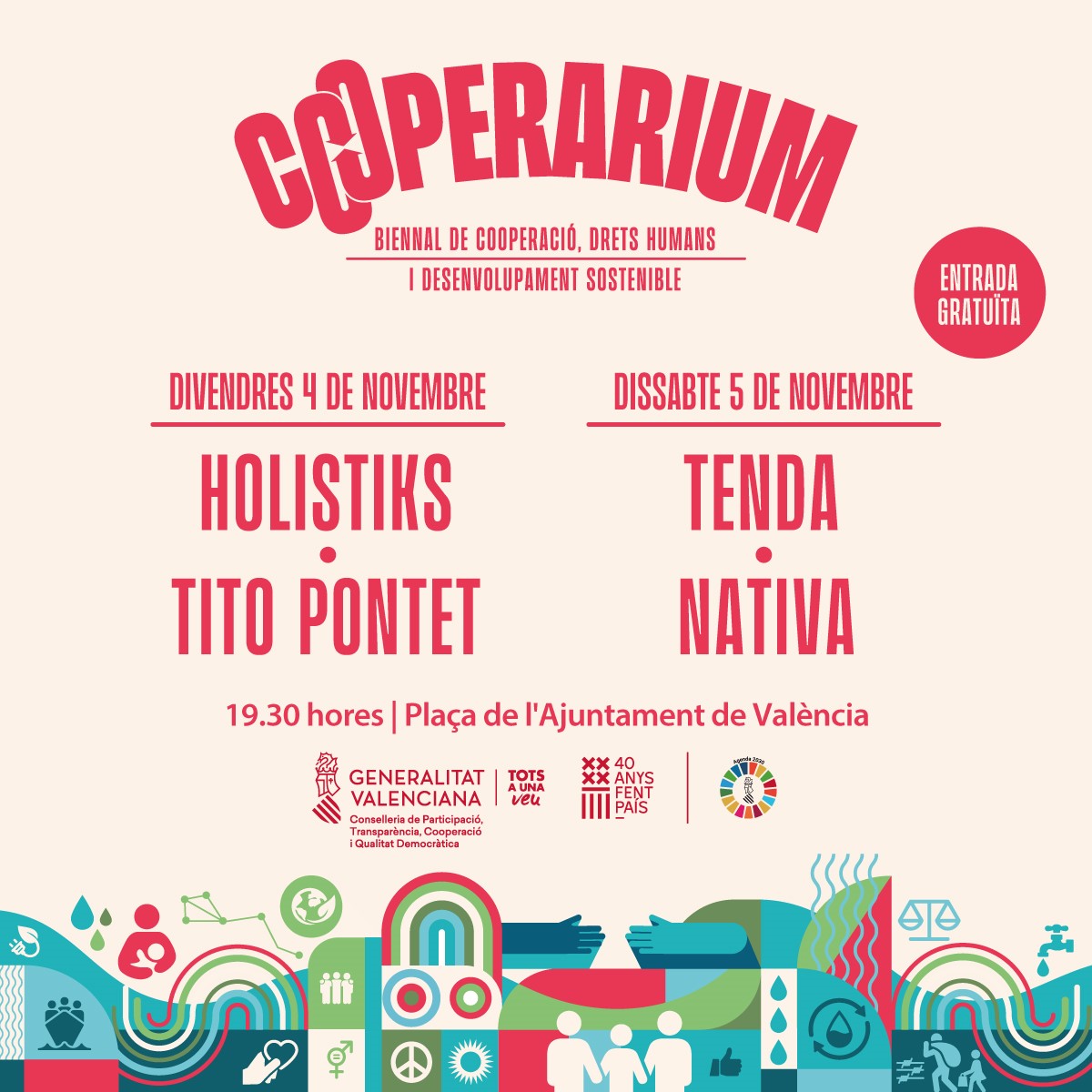 GVAcooperacio's tweet photo. 📢‼️ Hui donem inici a COOPERARIUM 💫

🙌🏽Per a tota família amb espais interactius, espectacles infantils, tallers i concerts solidaris!🎸

🆓 Públic i gratuït 
⏰De 10:30h a 22:30h
📆 4 i 5 de novembre
📍 A la plaça de l’Ajuntament de València

T'esperem! ✨ https://t.co/NguFRhroLL