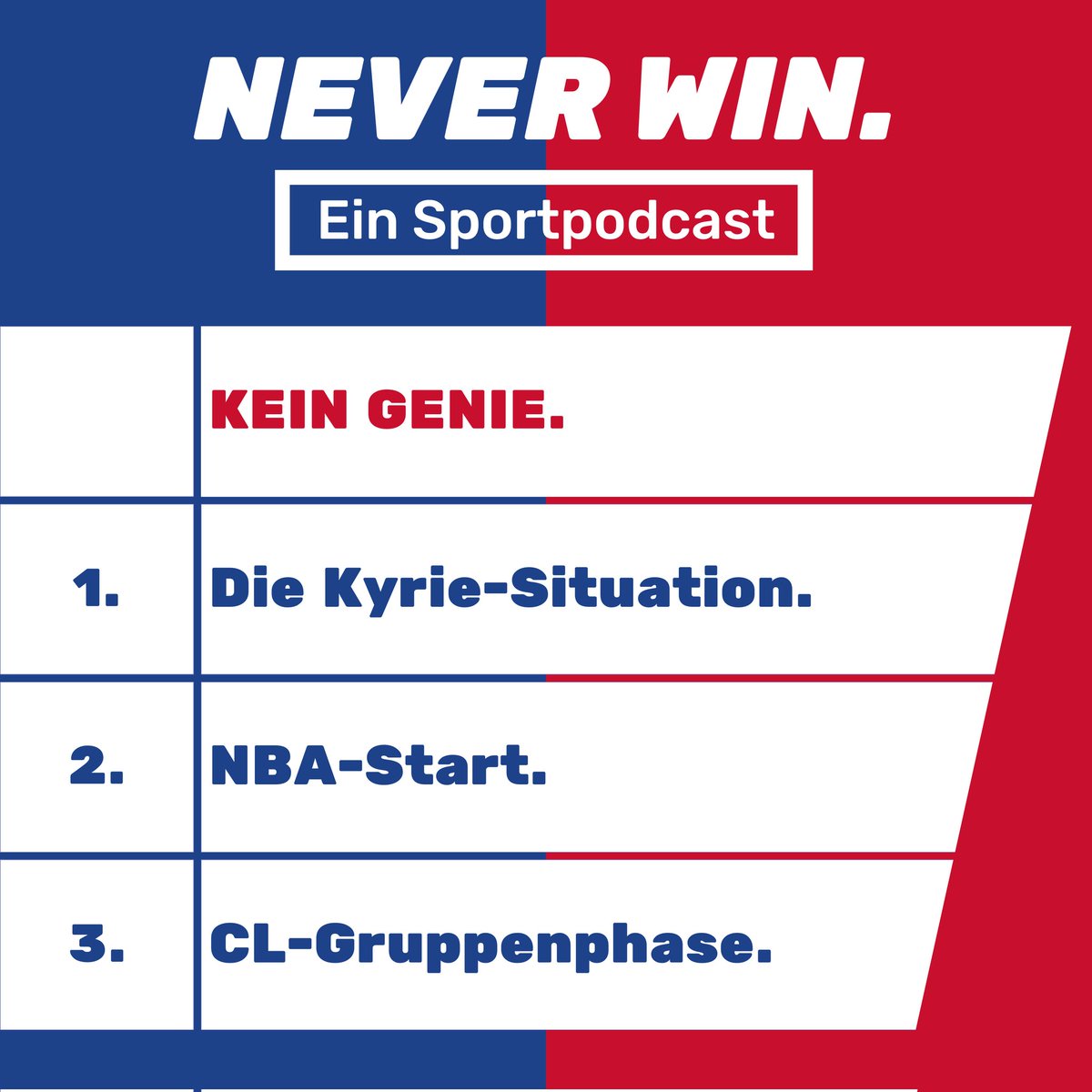 Neue Folge NEVER WIN 

Paul und ich ranten mal richtig über die ganze Kyrie Irving Geschichte und besprechen alle Champions League Gruppen 

Teilt den Podcast gerne mit anderen wenn ihr den Kyrie Frust fühlt (oder unser Lob für Benfica)

open.spotify.com/episode/6bfqgP…
