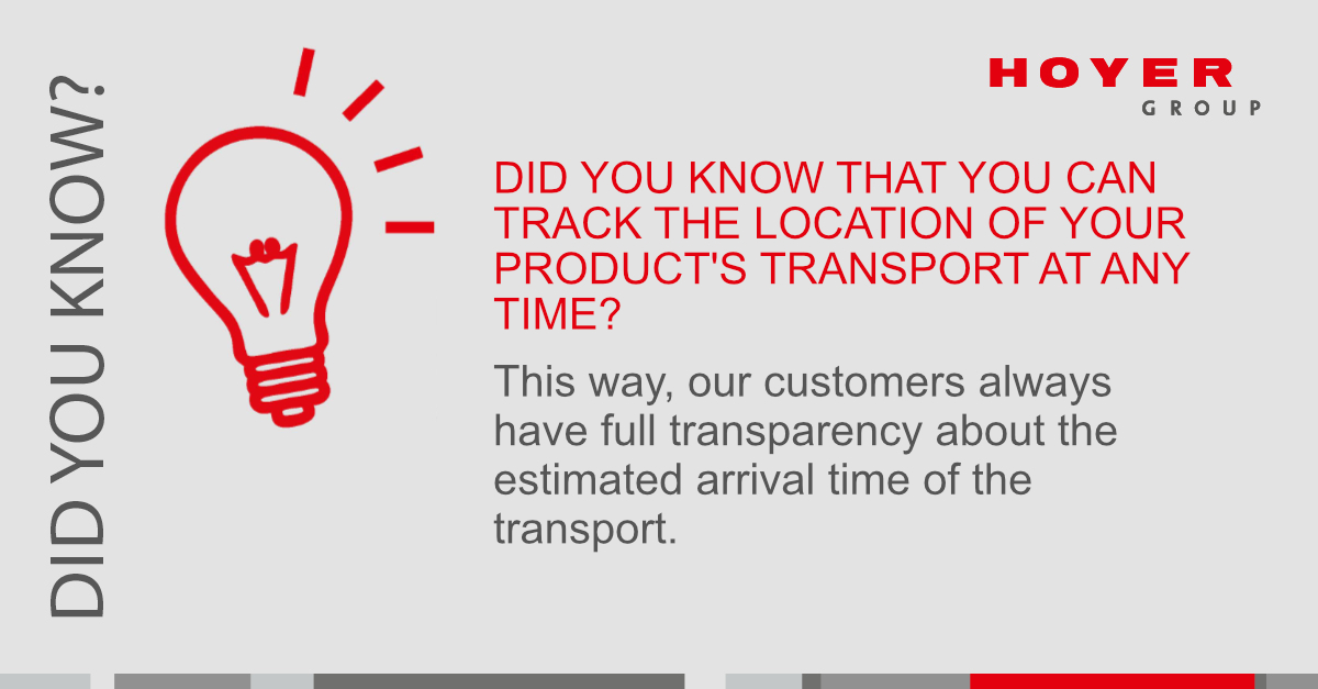 Did you know that you can track the location of your product at any time? We exchange over 10,000 messages per day with our customers. This way, our customers always have full transparency about the estimated arrival time of their transported goods.
#HOYER #HOYERGroup