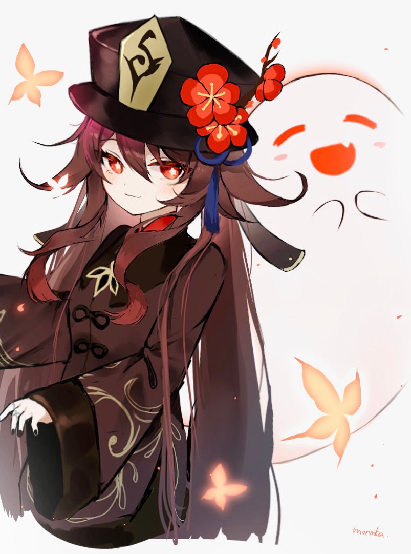 hu tao (genshin impact) 1girl hat ghost brown hair red eyes flower long hair  illustration images