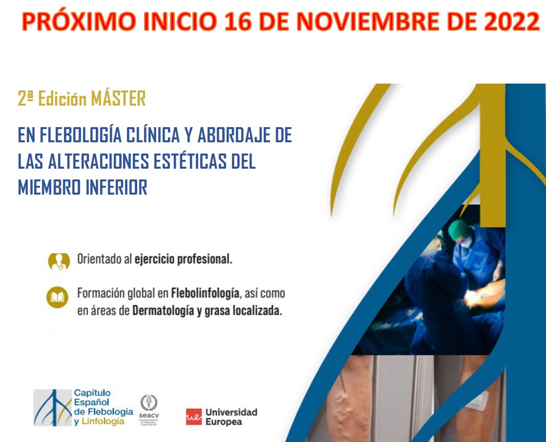 📢 El próximo día 16 comienza la 2ª Ed. del Máster en Flebología Clínica y Abordaje de las Alteraciones Estéticas del Miembro Inferior.
Orientado al ejercicio profesional y formación global en Flebolinfología y áreas de Dermatología.
📩 administracion@clinicamedivas.net