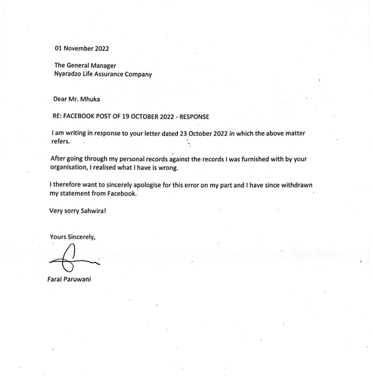 I was abused by some folks here because I refused to commend on the Nyaradzo attacks arguing that I couldn’t comment when I didn’t have the full details of the allegations, and the documentation. The letters below show why my refusal to comment was a wise decision at the time.