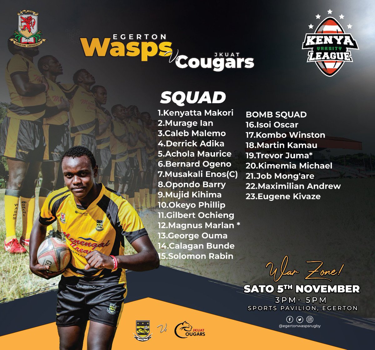 EgertonWaspsRfc's tweet photo. It's been three weeks of waiting with bated breath.The young and enthusiastic Coach Nyang' has his team ready to roar at the nest.This is how we line up against @jkuatcougars tomorrow.
#StingNiJamo
#MenengaiCreamEgertonWasps
#Kuzakizazi
#Varsityleague
#lucozadekenya
#Coelib https://t.co/NUFWVnn0ud