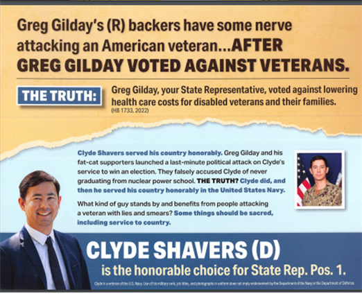 thehoffather's tweet photo. Doubling down on stolen valor:

After candidate Clyde Shavers (D) was outed by his father for lying about his military record, being a lawyer &amp; his background, a Dem PAC sent mailers accusing GOP of lying "about a veterans service"

Dems have refused to call him out for his lies https://t.co/X2qRqC8a9D