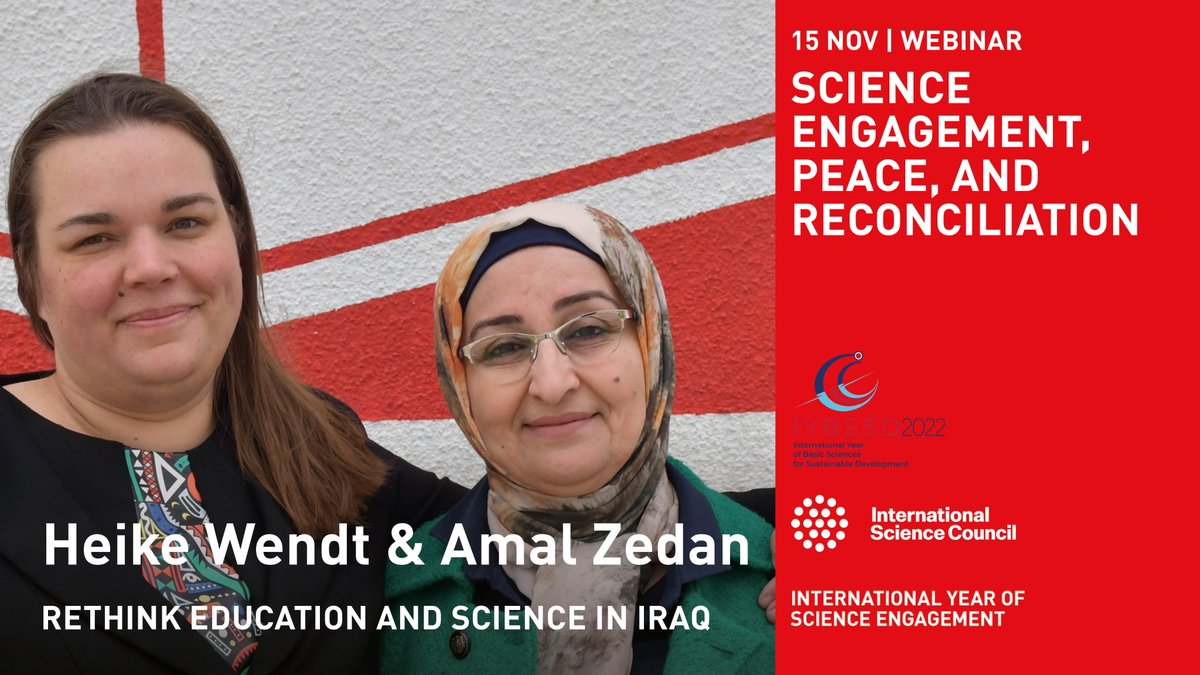 IYSE2027's tweet photo. Heike Wendt &amp; Amal Zedan from @ProjektResi will present their case study on #ScienceEngagement, #Peace and #Reconciliation at our #IYSE webinar 💬

🗓15 NOV, 14.00 - 15.15 CET

Sign up today ➡️ https://t.co/a7VLXur5jw

#IYSE2027 #IYBSSD2022 #ISC #IWOSP https://t.co/WmI5YpruCQ