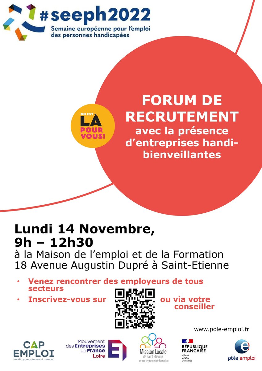 Le 14 novembre 2022 à la Maison de l'Emploi, les agences Pôle emploi de l'agglomération stéphanoise organise, un forum handibienveillant pour la #seeph2022. Avec l'appui <a href="/MedefAura/">MEDEF Auvergne-Rhône-Alpes</a> <a href="/Capemploi42/">CAP EMPLOI 42 - LOIRE</a> Mission locale de Saint Etienne <a href="/CharvinJulie/">Charvin Julie</a> <a href="/EKroneisen/">Elodie Kroneisen</a> <a href="/NeelCorinne/">Corinne.neel</a> <a href="/poleclapier/">Pole Emploi Clapier</a>