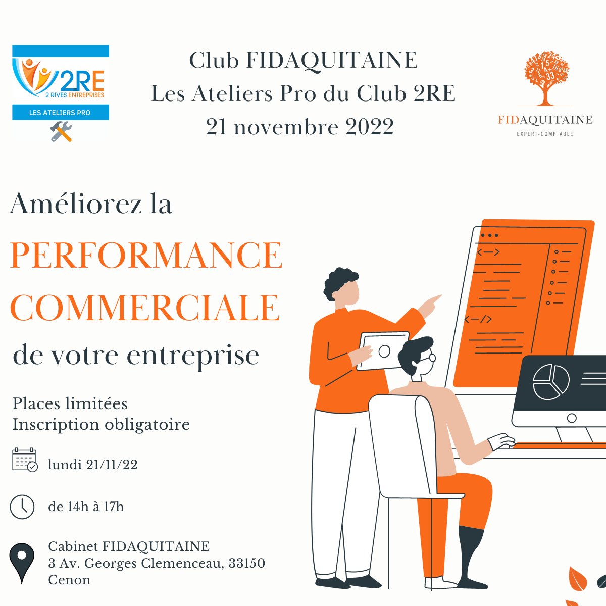 📢 [Atelier] Dernières places disponibles

Vous souhaitez améliorer la performance commerciale de votre entreprise TPE ou PME ? 
Participez au nouvel #atelier du Club Fidaquitaine en partenariat avec le club 2 RE "Terre de rencontres".

Inscriptions ici :  helloasso.com/associations/c…