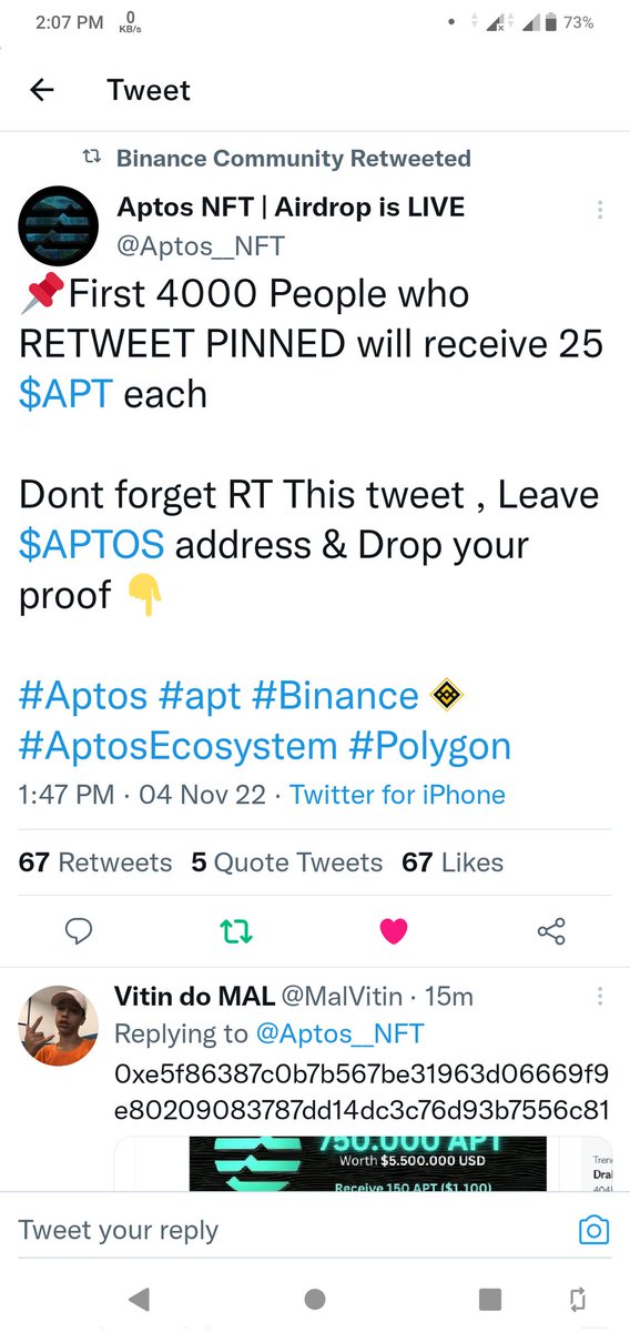 nftlover00982's tweet photo. @Aptos__NFT @BNB_Communiity 0x4e550bc946663b6a49ec38b19c5f65031728707c2ed75f324173260f3b744d67 https://t.co/paY6qV2xsr