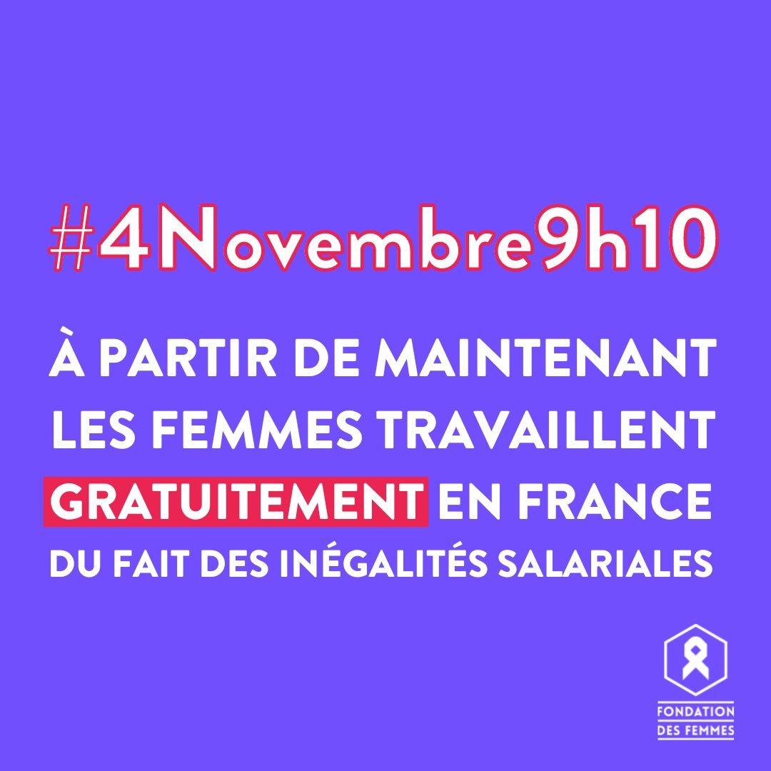 #4Novembre9h10 ça veut dire quoi ? 

📢 Aujourd'hui, vendredi 4 novembre, à 9h10 précisément, on considère que les femmes commencent à travailler gratuitement en France du fait des inégalités salariales entre les femmes et les hommes.