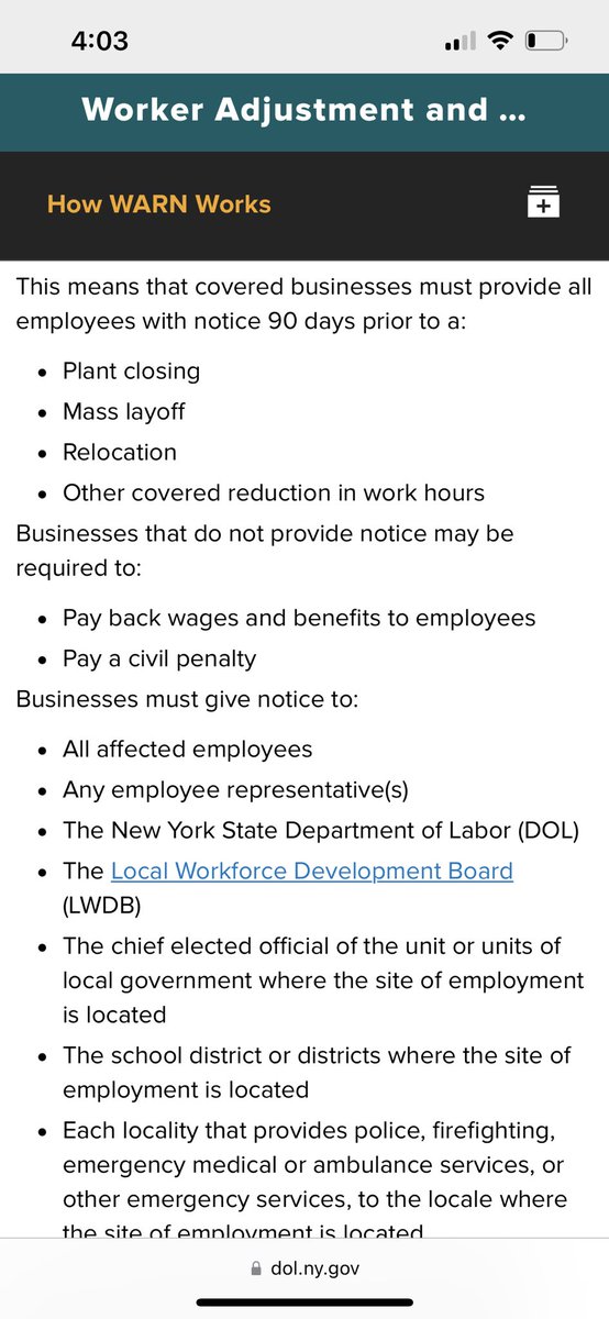FYI to NY Twitter Employees. 
This also applies to you from our state law. Our NY WARN also requires 90 days prior notice for a mass layoff. 

dol.ny.gov/worker-adjustm…

This is the link to penalties and liabilities:

nysenate.gov/legislation/la…

#TwitterLayoffs #Twitter