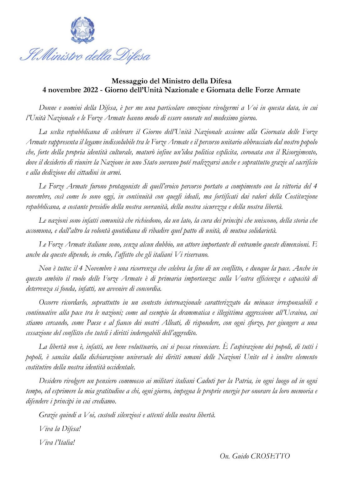 Lettera al ministro della difesa