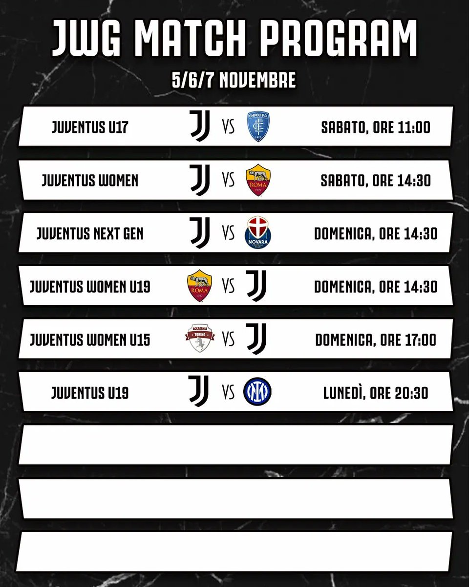 Jwomenegiovani1's tweet photo. Ecco gli appuntamenti delle nostre squadre nel Weekend ⚪️⚫️
#juventuswomen #juventusyouth #jwgprogram #jwomenegiovanili #forzajuve #finoallafine #programmagare #bianconeri #programmaweekend #weekendbianconero #partitejuve #juventusfc
#seriec #juventusnextgen #juventusgiovanili https://t.co/AJQyoFzOZM