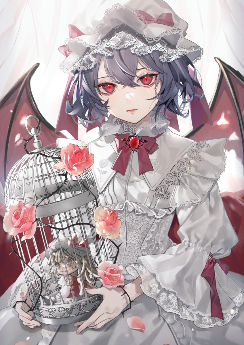 flandre scarlet ,remilia scarlet cage wings red eyes hat mob cap birdcage white headwear  illustration images