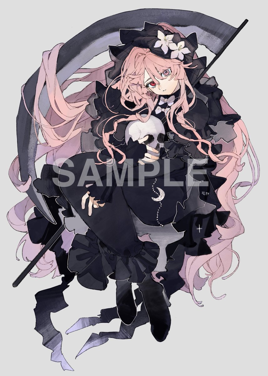 1girl long hair pink hair sample watermark solo dress black dress  illustration images