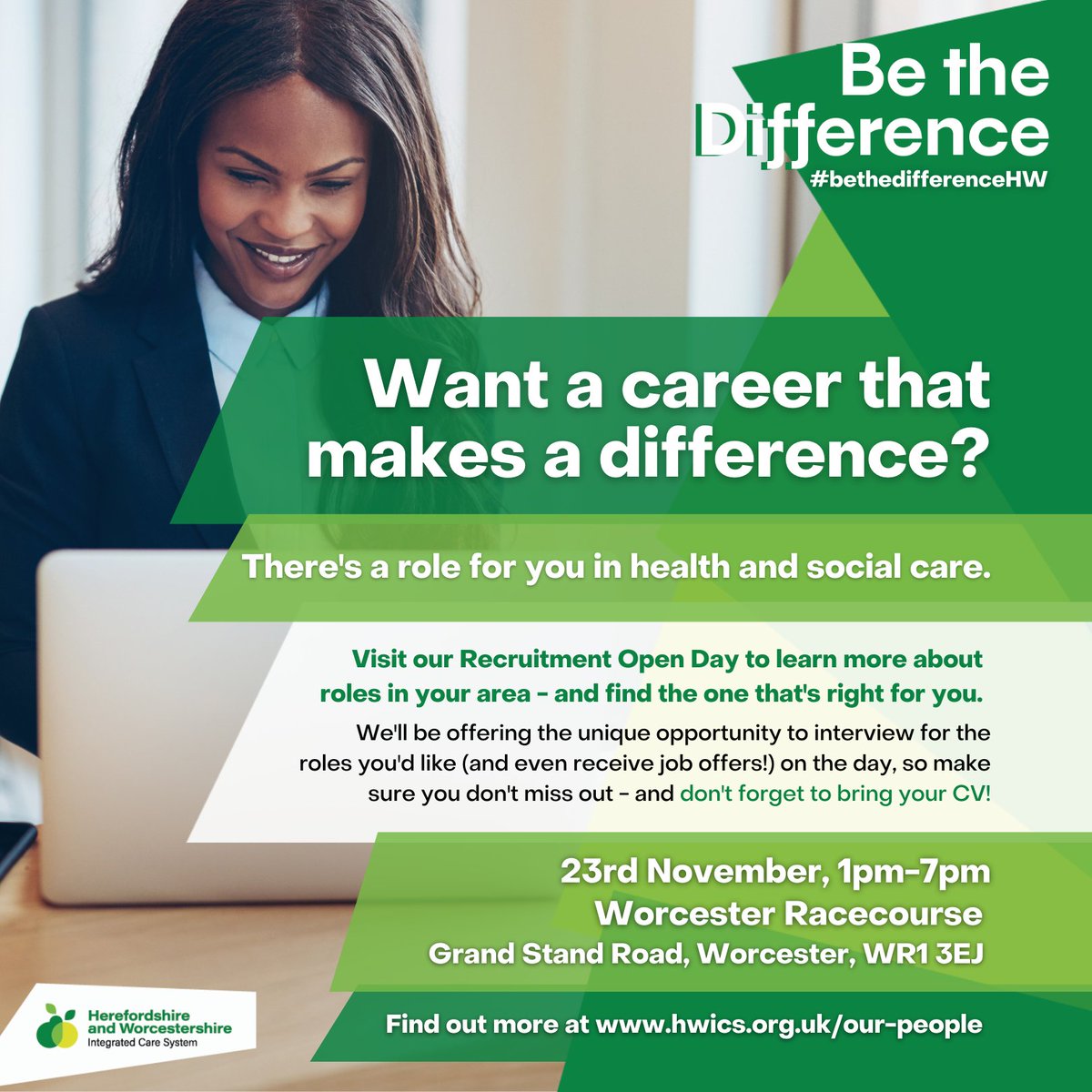 HWHerefordshire's tweet photo. Herefordshire and Worcestershire Integrated Care System (ICS) is hosting a RECRUITMENT OPEN DAY where you can learn more about health and social care roles in your area.
🟢November 23rd 1pm- 7pm
🟢Worcester Race Course
For more info: https://t.co/glb6UuTRU9
#bethedifferenceHW https://t.co/rkivlX49Rr