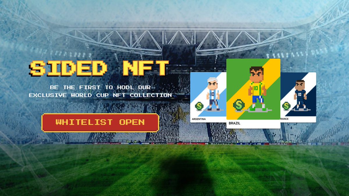 SidedFinance's tweet photo. Introducing Sided Finance World Cup NFT collection

Retweet this for a guaranteed whitelist spot - 5 people only. 

1/4 https://t.co/cRNrqxdkRD