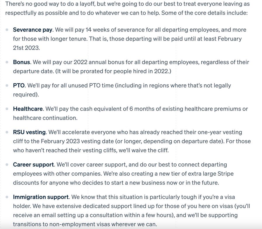 Striking difference in communication to employees of Twitter (left) and Stripe (right), informing them of layoffs