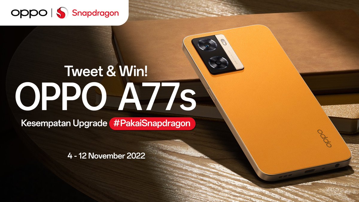 Follow &amp; menangkan smartphone baru! 🐉

Caranya:
1. Follow <a href="/Snapdragon_ID/">Snapdragon Indonesia</a> &amp; <a href="/OPPOIndonesia/">OPPO Indonesia</a> 
2. RT &amp; Like tweet ini
3. Reply: "Pasti bakal jadi pengalaman seru nih kalau #PakaiSnapdragon 680 di #OPPOA77s!" Sebanyaknya untuk perbesar kesempatan menang!

Gas, Snapdragon Insider! 🙌