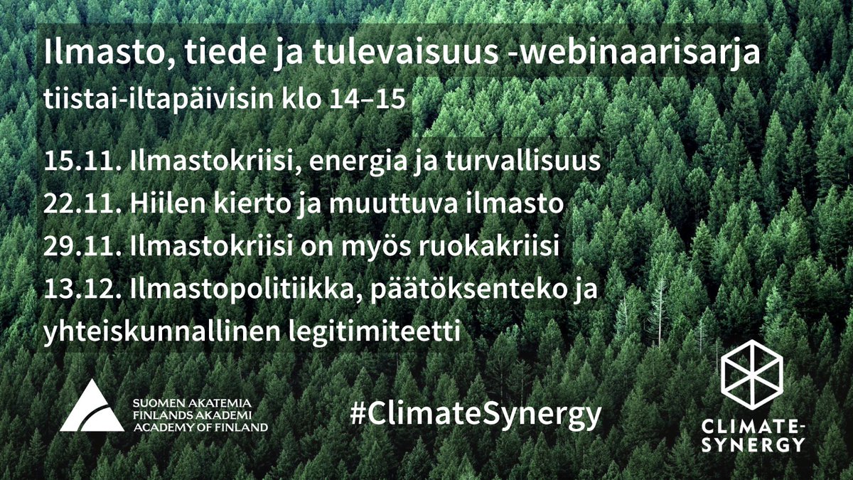 Akatemiaohjelmat (@aka_ohjelmat) on Twitter photo Miten tutkijat selättäisivät ilmastokriisin? 🌎
Tervetuloa seuraamaan ilmasto, tiede ja tulevaisuus -webinaarisarjaa! Journalisti <a href="/hannanik/">Hanna Nikkanen</a> haastattelee tutkijoita ajankohtaisista aiheista.
Katso kaikki haastateltavat ja ilmoittaudu👉aka.fi/suomen-akatemi… #ClimateSynergy Miten tutkijat selättäisivät ilmastokriisin? 🌎
Tervetuloa seuraamaan ilmasto, tiede ja tulevaisuus -webinaarisarjaa! Journalisti <a href="/hannanik/">Hanna Nikkanen</a> haastattelee tutkijoita ajankohtaisista aiheista.
Katso kaikki haastateltavat ja ilmoittaudu👉aka.fi/suomen-akatemi… #ClimateSynergy