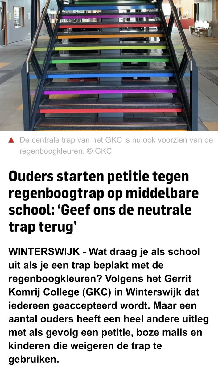 PatriciaFoort's tweet image. Oh mijn god 😂😂(om naar niet te huilen misschien) ‘We willen een neutrale trap’ 🤦🏾
En zijn ze bang dat hun kinderen gay of transgender worden van een regenboogtrap? Die ouders en kinderen willen dus niet dat iedereen geaccepteerd wordt? 

Echt.. met je tolerant land.