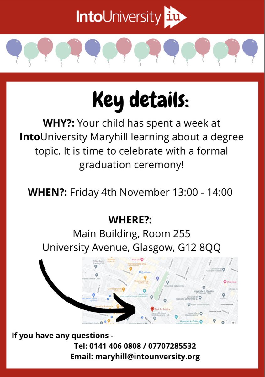 MrMcNulty3's tweet photo. The primary 6’s will be graduating from their IntoUniversity programme today at Glasgow Uni. Below is the details for any parents wishing to attend. @StBlanesGCC #IntoUniversity #Primary6 https://t.co/CZGY07PZEI