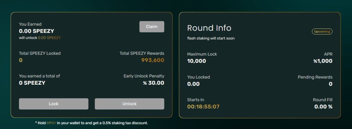 ⚡️Flash Staking is LIVE! 62% Filled - Get in quickly. Locks in 8 hours!

Be among the first to stake up to 10k* $SPEEZY for 1 week and earn 1,000% APR!  Free $$!

*0.5% SPEEZY Will be deducted as a fee to HPAY when you stake but not when you withdraw. 

hedgepay.org/vaults/speezyf…