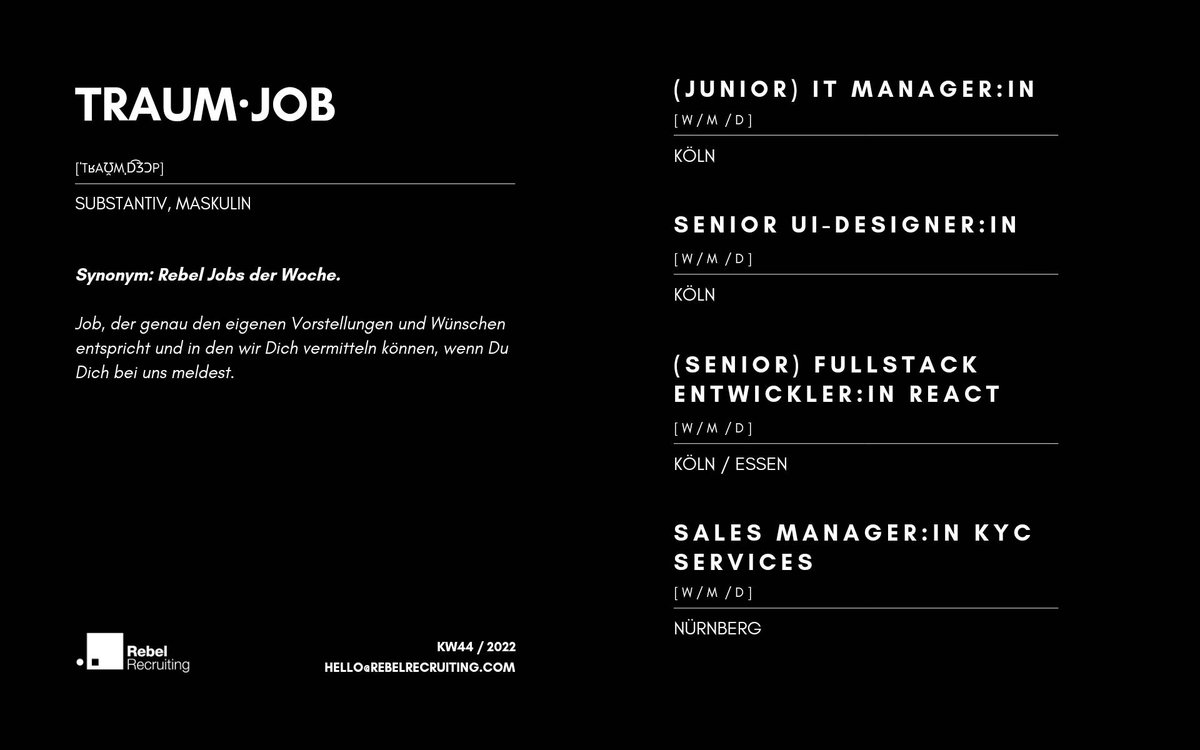 Unsere Jobs der Woche sind da! 

Alle Infos gibt es hier: linktr.ee/RebelRecruting

#jetztrebellieren #rebelyourwaytothetop #jobangebot #joboffer #marketingjobs #itjobs #jobsinit #jobsmitzukunft #job #jobs