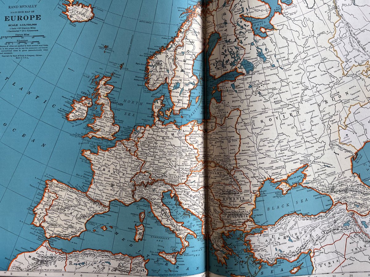 redgeographics's tweet image. Picked up this beautiful, but battered, 1941 Rand McNally atlas up in Minneapolis (#nacis2022) for a mere $10 😳 War supplement shows situation around Barbarossa start, general political map of Europe is just before Germany invaded Poland.
#lovemaps #cartography #ww2