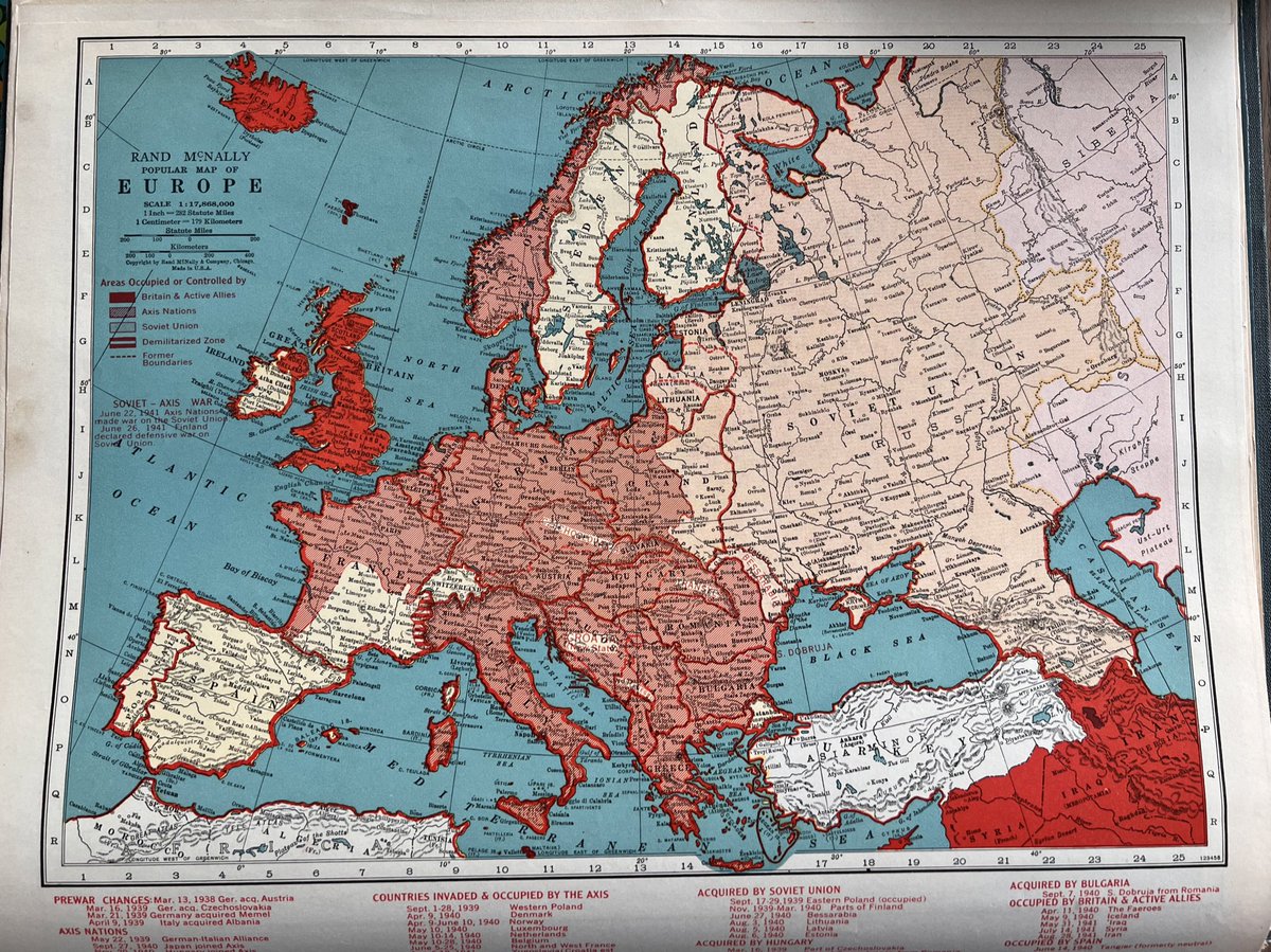 redgeographics's tweet image. Picked up this beautiful, but battered, 1941 Rand McNally atlas up in Minneapolis (#nacis2022) for a mere $10 😳 War supplement shows situation around Barbarossa start, general political map of Europe is just before Germany invaded Poland.
#lovemaps #cartography #ww2