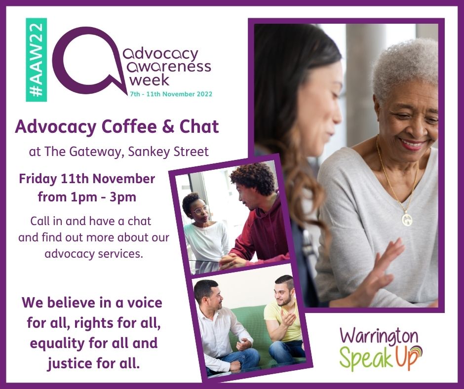 Warrspeakup's tweet photo. Next week is advocacy awareness week, come and see us and have a chat at one of our pop ups and find out more about advocacy. For more information take a look at the posters #AAW22 #HumanRightsAdvocacy #AdvocacyInAction #Warrington https://t.co/ccWSIVamPp