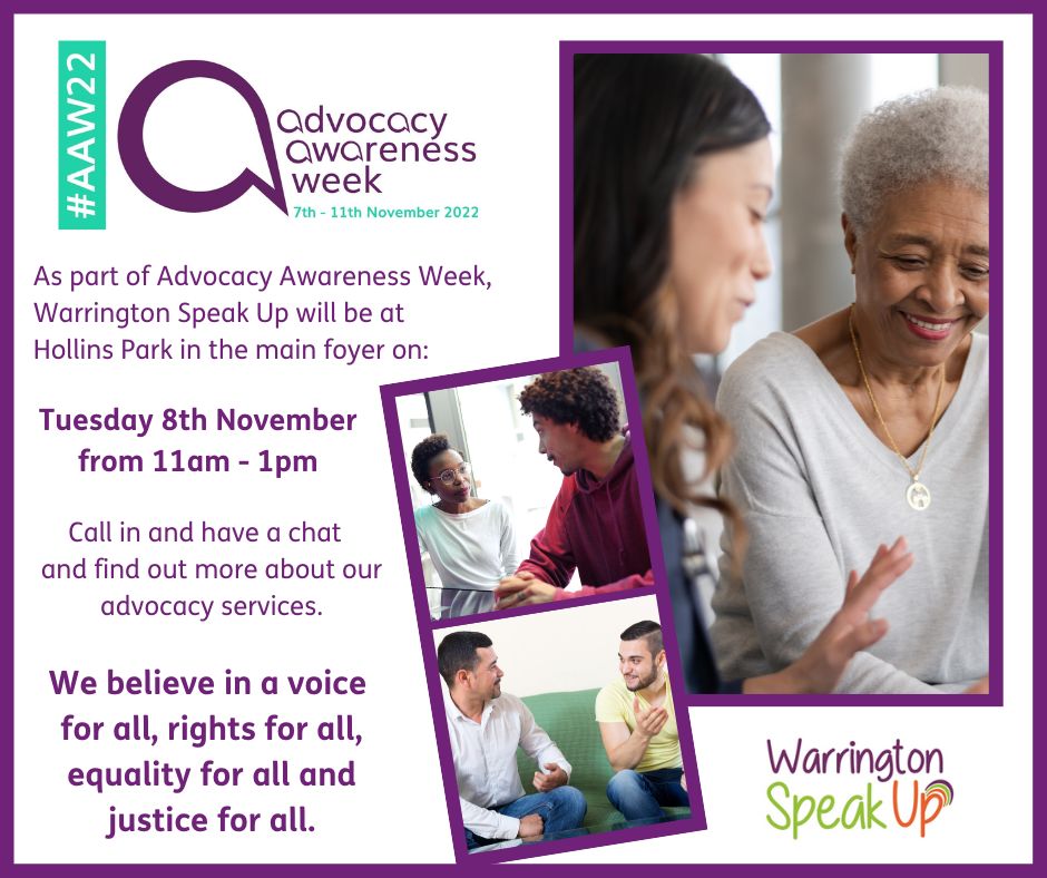 Warrspeakup's tweet photo. Next week is advocacy awareness week, come and see us and have a chat at one of our pop ups and find out more about advocacy. For more information take a look at the posters #AAW22 #HumanRightsAdvocacy #AdvocacyInAction #Warrington https://t.co/ccWSIVamPp