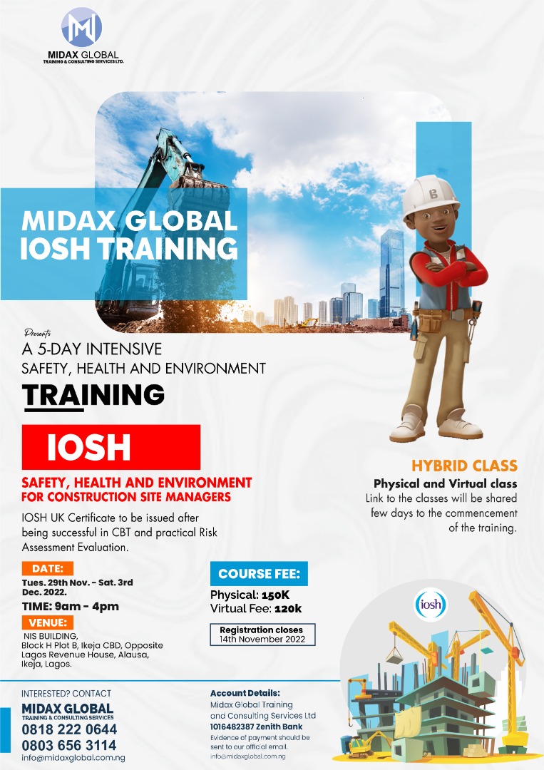 midax_global's tweet photo. Be part of this highly subscribed IOSH UK Safety, Health and Environment for Construction Site Managers (Physical &amp; Virtual class)
The class is going to be interesting, enlightening and educative. Don't miss it !!!

To Register:
Chat:08036563114
Email: info@midaxglobal.com.ng https://t.co/ZsEGwFKFos