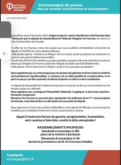 Le député qui dit être victime de racisme promeut le voile jusque ds l’AN, il justifie ainsi l’infériorisation de la femme. Or le sexisme est de la même nature que le racisme. Il est aussi choquant de refuser l’égalité au nom du sexe qu’au nom de la race. Même si cela passe mieux