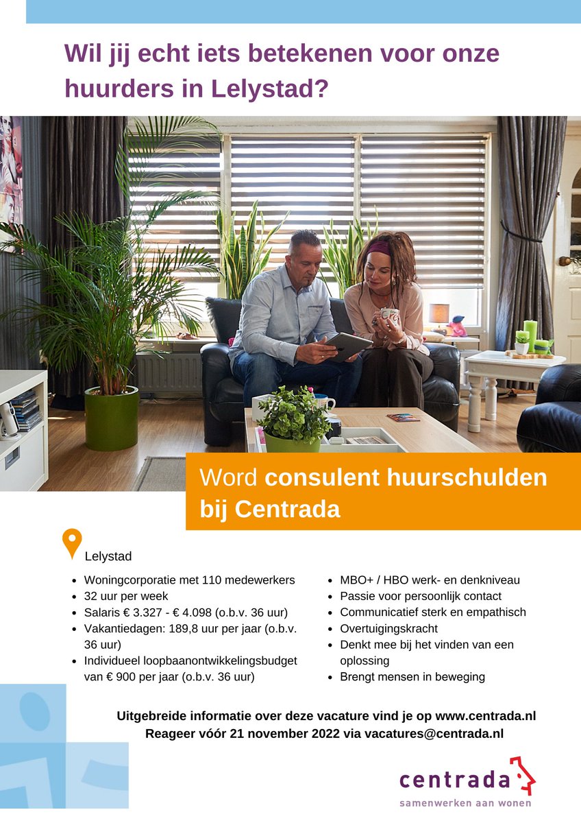 centradawonen's tweet photo. #WERK | Combineer jij een passie voor persoonlijk contact met besluitvaardigheid? Wij zoeken een consulent huurschulden. Interesse? Bekijk de hele vacature op: https://t.co/p7EC3WkBG7
#vacatures #vacature #woningcorporatie #lelystad https://t.co/bmkJowy3BZ