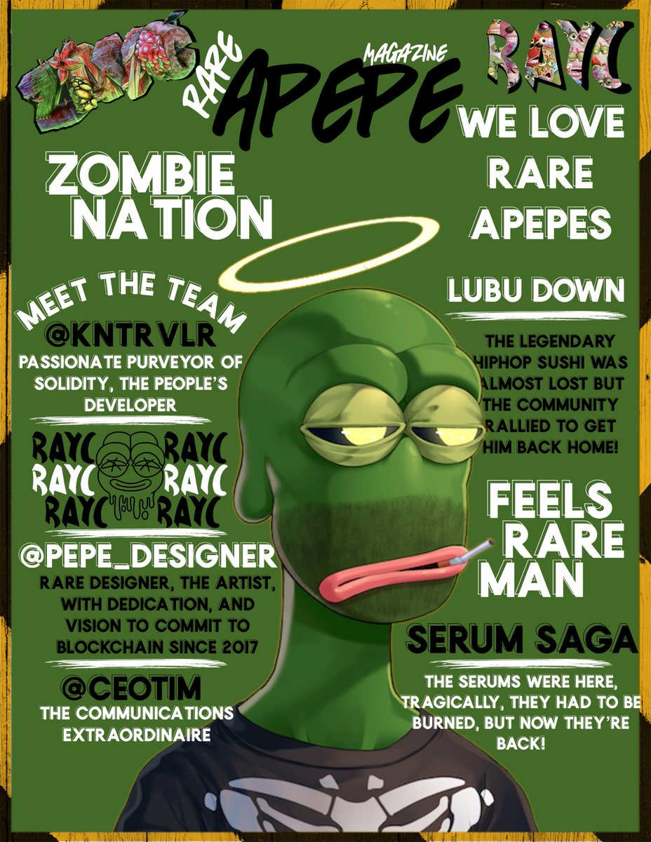 Bitjamin's tweet photo. @FungibleTokn @GodHatesNFTees @GenuineUndead @RareApepeYC @corntownwtf @DegenToonz @los_muertosNFT @KitaroNFT Well, since you asked.. @RareApepeYC
#RAYC #RAYCMagazine #RareApepeYC https://t.co/gZ6xnNzW3D