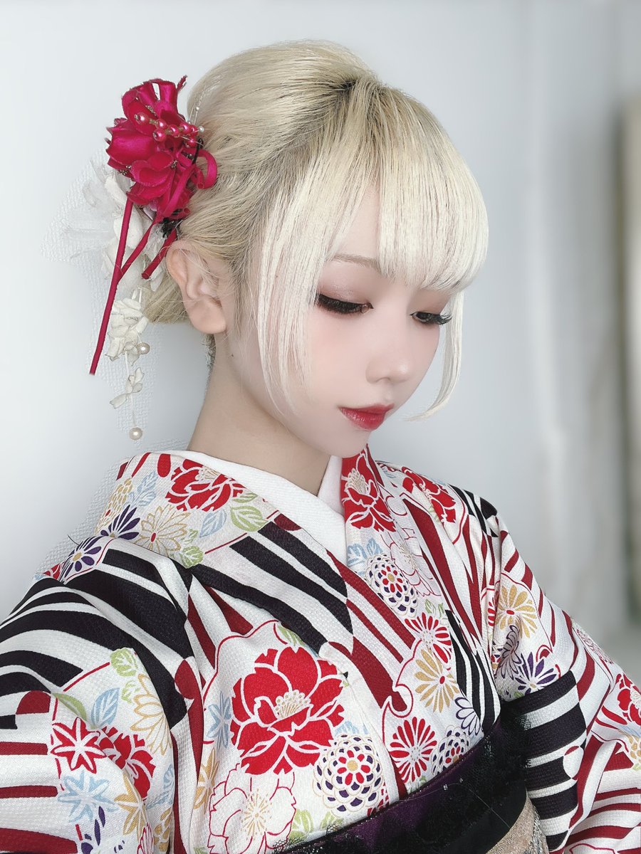 1girl solo japanese clothes kimono blonde hair closed eyes hair ornament  illustration images