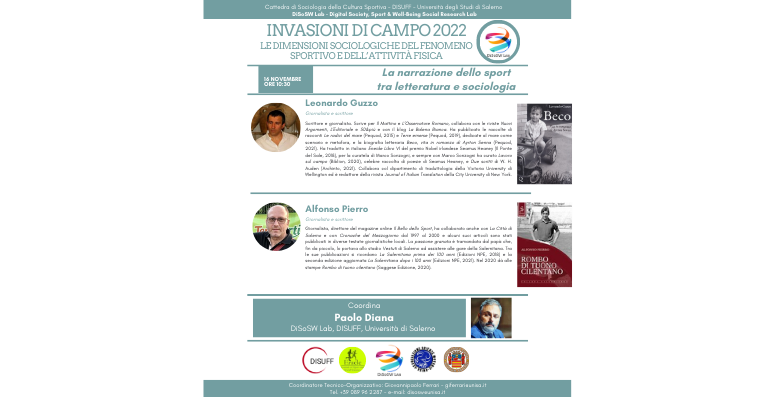 DiSoSWLabUnisa's tweet photo. IV incontro di #invasionidicampo Ospiti del #disoswlab @leonardoguzzo &amp; @alfonsopierro sul tema "La narrazione dello sport tra letteratura e sociologia". Vi aspettiamo il 16 novembre alle ore 10:30 c/o l'Aula 13 del #DISUFF #Unisa https://t.co/Pv6TCXtMIl