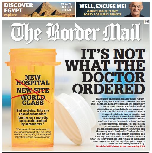 Julie (@jcoe00) on Twitter photo Tomorrow's front page tonight, and why the funding announced last week is not enough. Do it once, do it right. 
bordermail.com.au/story/7968791/… Tomorrow's front page tonight, and why the funding announced last week is not enough. Do it once, do it right. 
bordermail.com.au/story/7968791/…