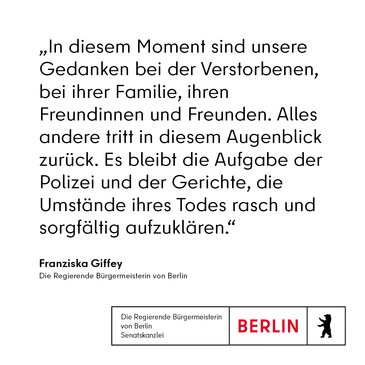 RegBerlin's tweet photo. Die Regierende Bürgermeisterin @FranziskaGiffey zum Tod der Radfahrerin, die am Montagmorgen von einem Betonmischer erfasst wurde. https://t.co/BOcv6klhG4