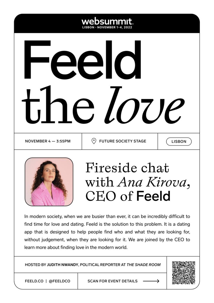 Today 3.55 pm #FutureSocieties Stage (Pavilion 3) at #WebSummit2022 will be taken by <a href="/anafiki/">Ana Kirova</a> in conversation with <a href="/JudithNwandu/">Olivia NOPE ☁️</a> to talk about the future of dating and the future of <a href="/feeldCo/">Feeld</a>.