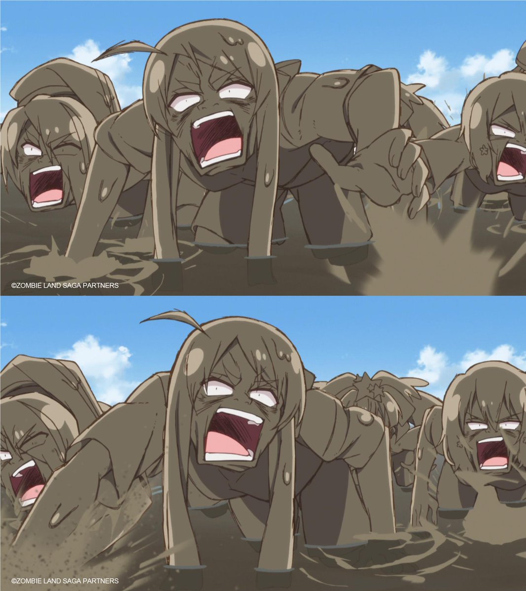 Cygames_EN's tweet photo. Stuck in the mud? Franchouchou knows the feeling. #ZombieLandSaga #CygamesAnimation https://t.co/ruwA64xHNi