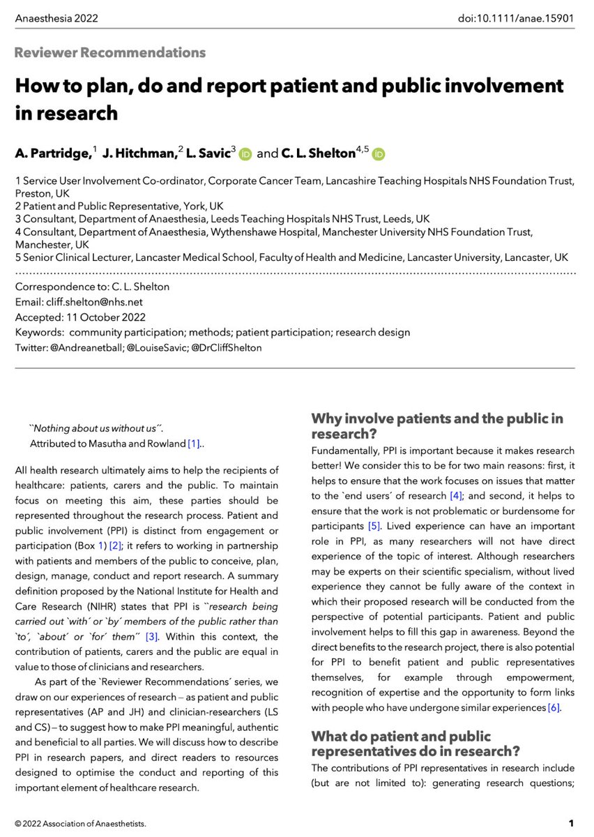 Anaes_Journal's tweet photo. 🔐How to plan, do and report patient and public involvement in research.

This great new #ReviewerRecommendations paper from @Andreanetball, @LouiseSavic and @DrCliffShelton is now #FreeForAWeek to read and download!

🔗https://t.co/fQyOsl3ZWB https://t.co/SrEOZYEHmv