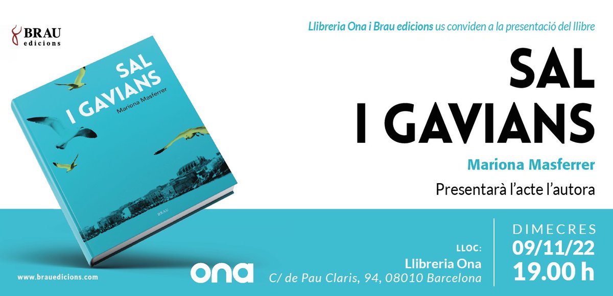 Dimecres, 9 de novembre, presentació de "Sal i gavians" de Mariona Masferrer, a Barcelona, a <a href="/OnaLlibres/">Ona Llibres</a>  a les 19h. No us ho perdeu!
<a href="/Marionamasf/">Mariona Masferrer</a>